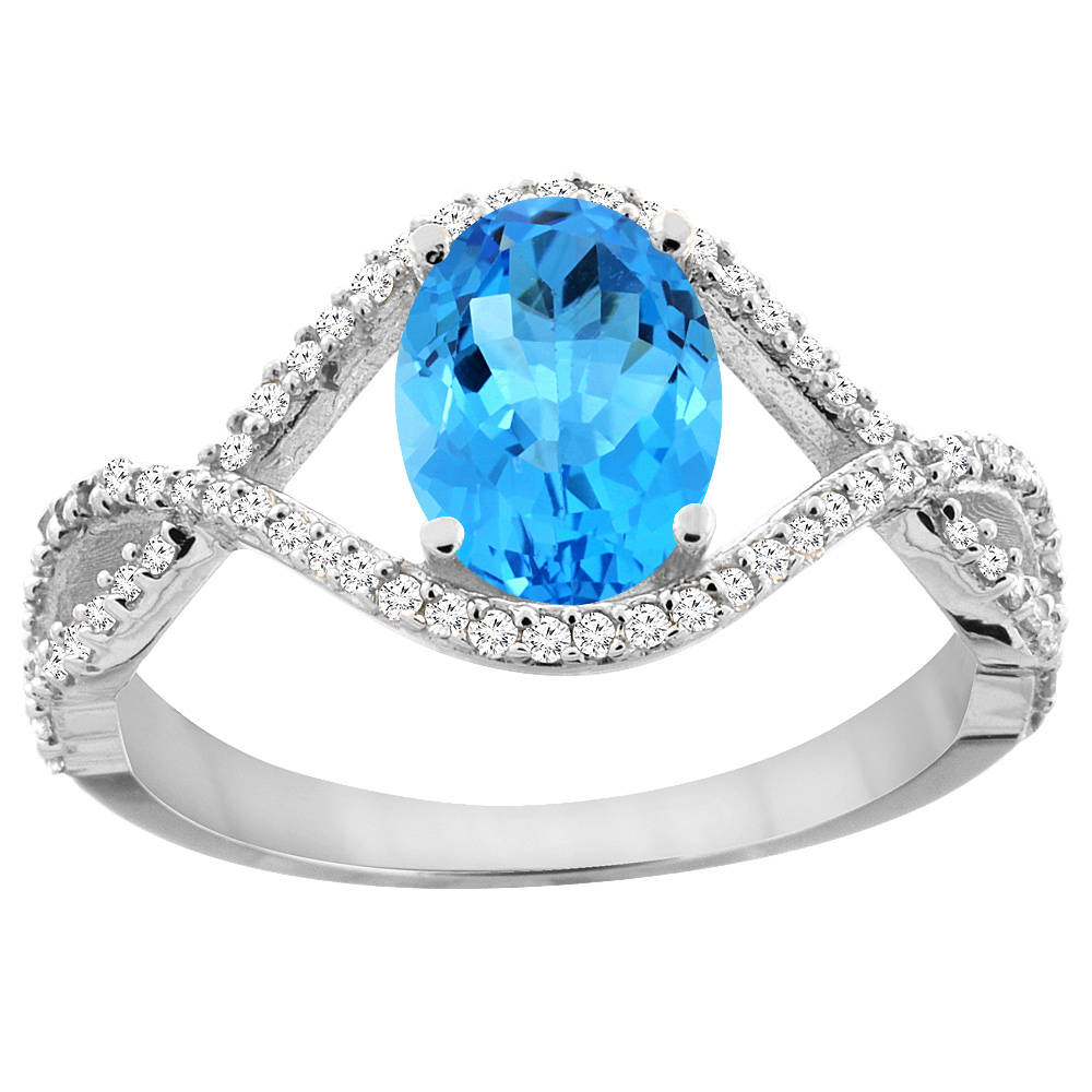 14K White Gold Natural Swiss Blue Topaz Ring Oval 8x6 mm Infinity Diamond Accents, sizes 5 - 10
