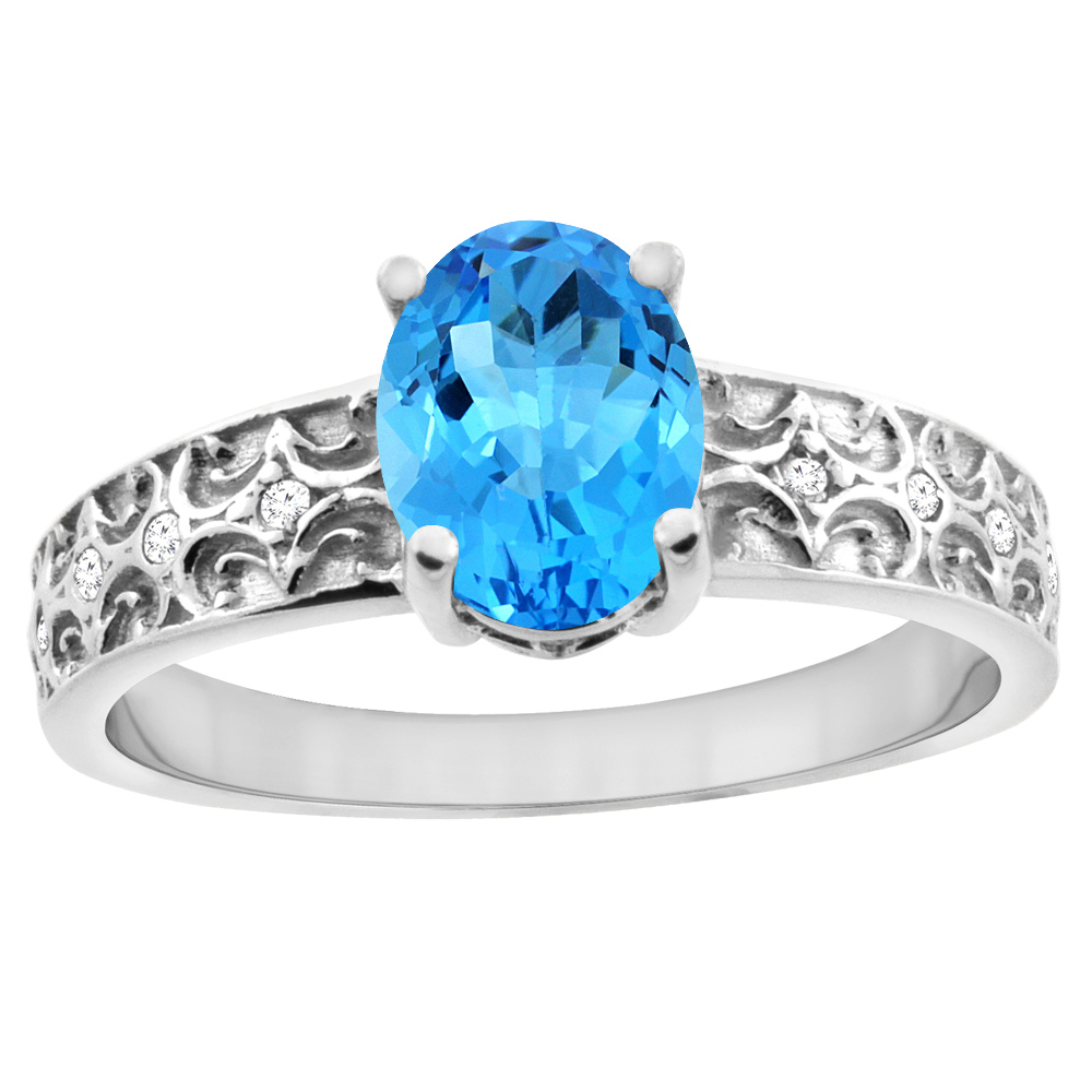 14K White Gold Natural Swiss Blue Topaz Ring Oval 8x6 mm Diamond Accents, sizes 5 - 10