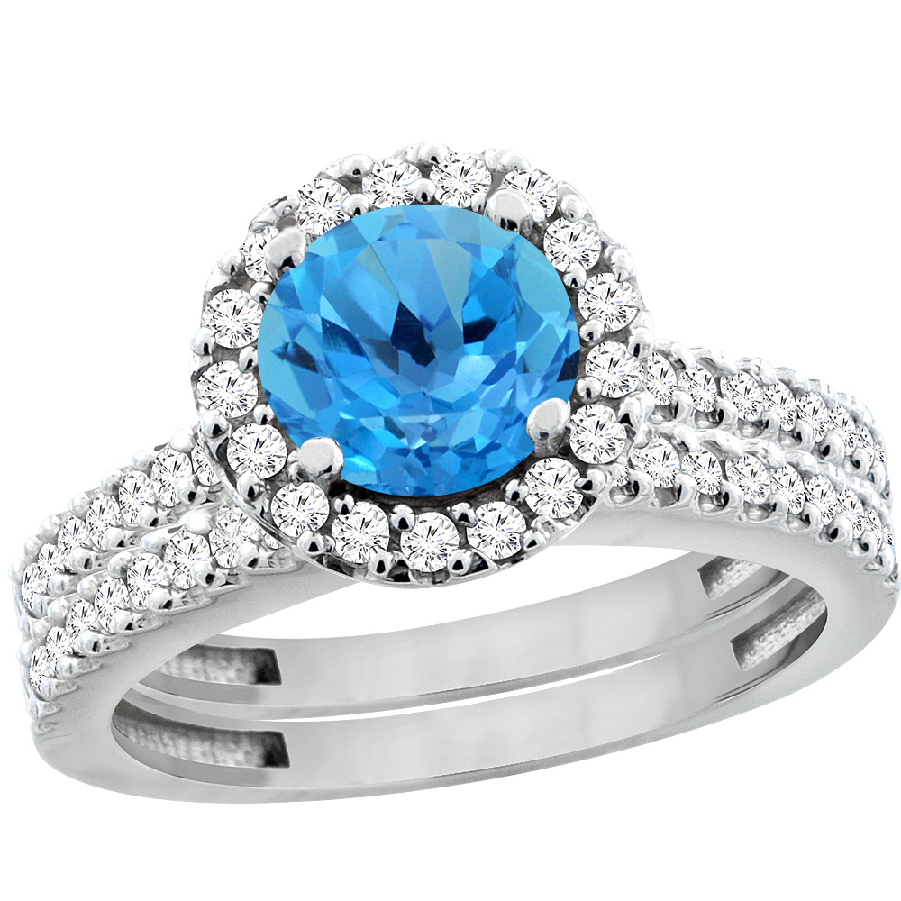 14K White Gold Natural Swiss Blue Topaz Round 6mm 2-Piece Engagement Ring Set Floating Halo Diamond, sizes 5 - 10