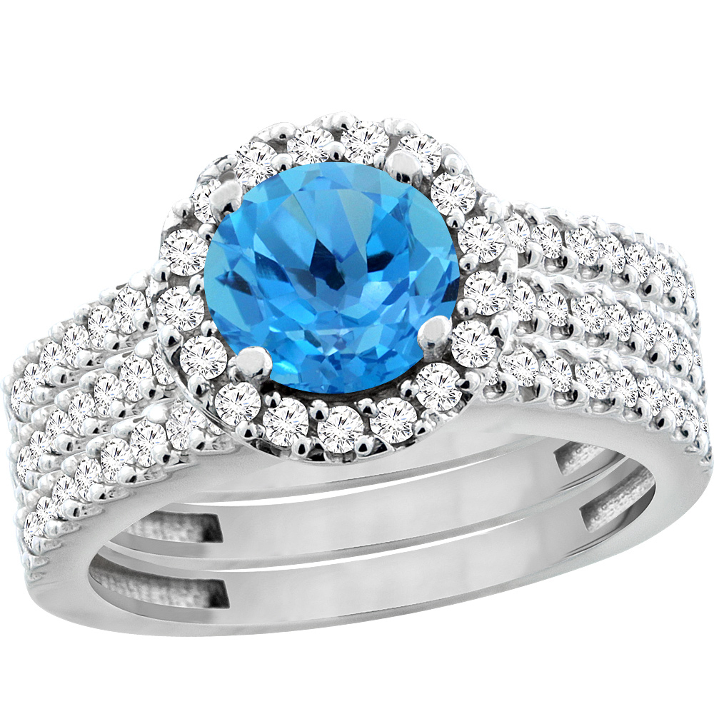 14K White Gold Natural Swiss Blue Topaz 3-Piece Bridal Ring Set Round 6mm Halo Diamond, sizes 5 - 10