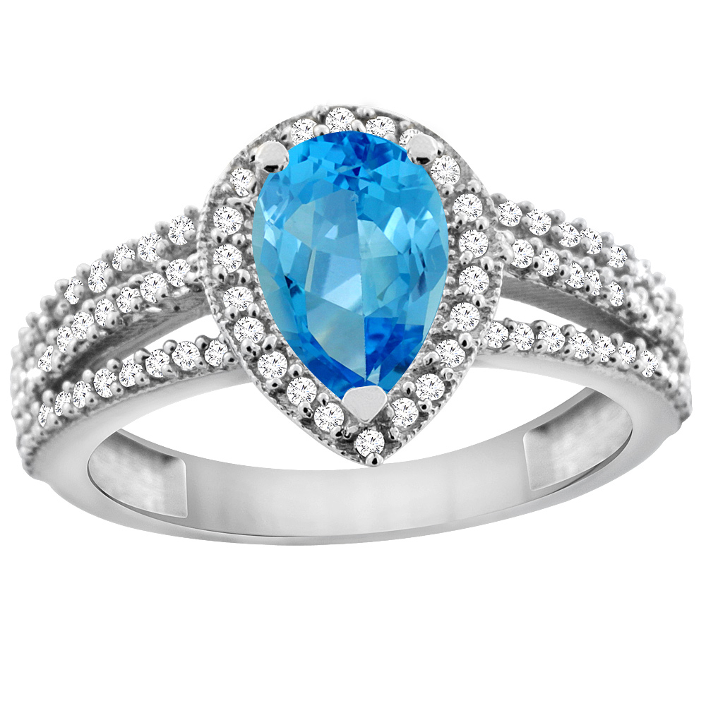 10K White Gold Genuine Blue Topaz Ring 9x7 Pear Halo Diamond sizes 5 - 10