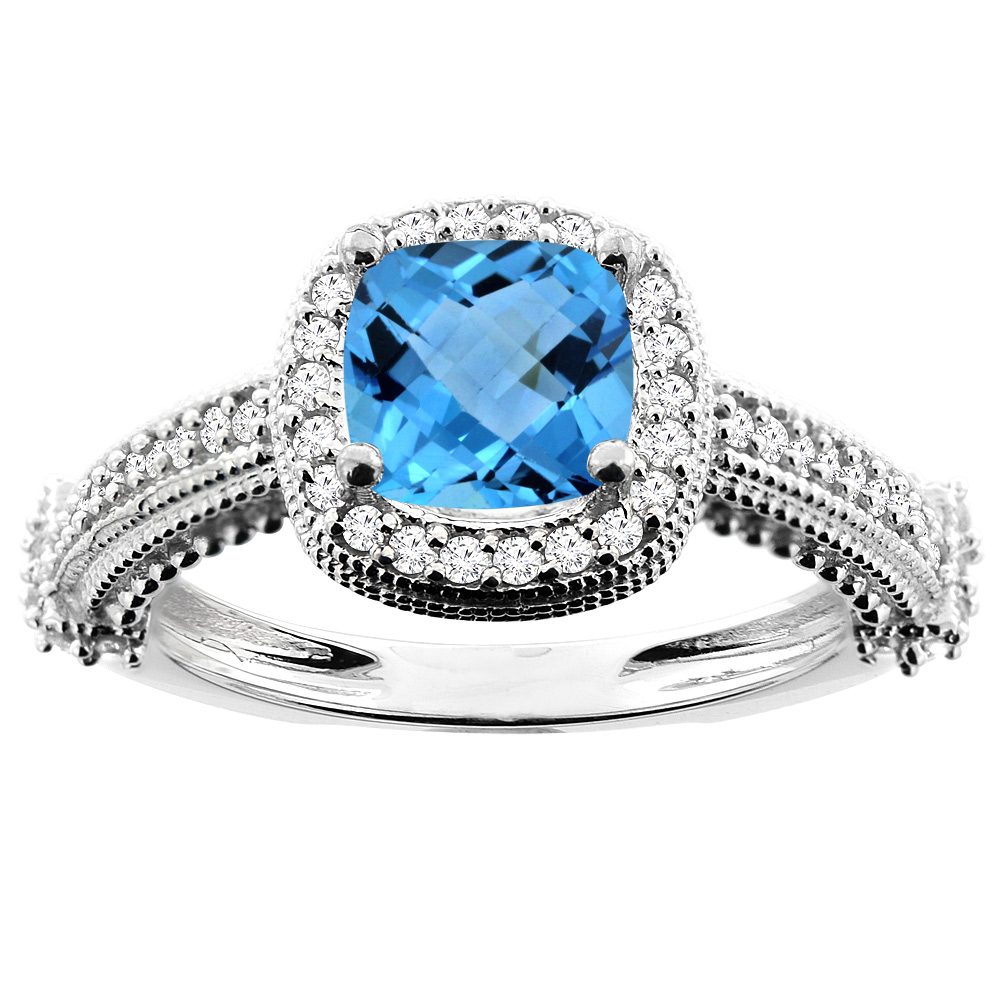 14K White/Yellow/Rose Gold Natural Swiss Blue Topaz Ring Cushion 7x7mm Diamond Accent 7/16 inch wide, sizes 5 - 10