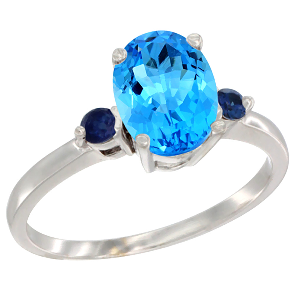 10K White Gold Natural Swiss Blue Topaz Ring Oval 9x7 mm Blue Sapphire Accent, sizes 5 to 10