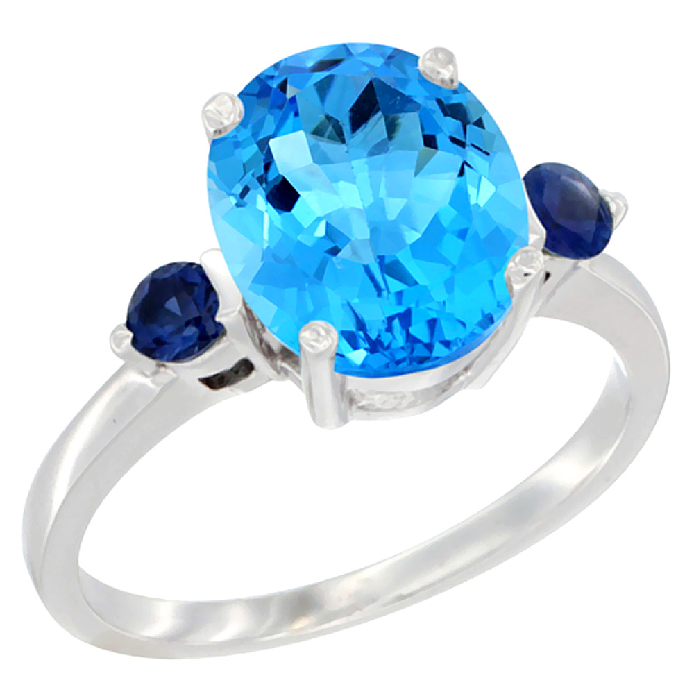 10K White Gold 10x8mm Oval Natural Swiss Blue Topaz Ring for Women Blue Sapphire Side-stones sizes 5 - 10