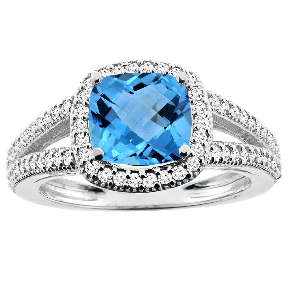 10K Yellow Gold Genuine Blue Topaz Ring Halo Cushion Cut 7x7mm Diamond Accent 3/8 inch wide sizes 5 - 10