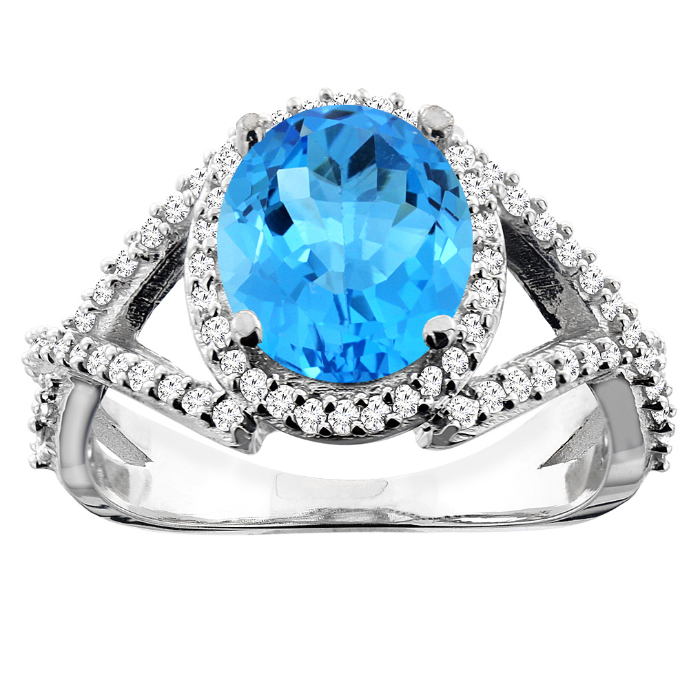14K White/Yellow/Rose Gold Natural Swiss Blue Topaz Ring Oval 9x7mm Diamond Accent, sizes 5 - 10