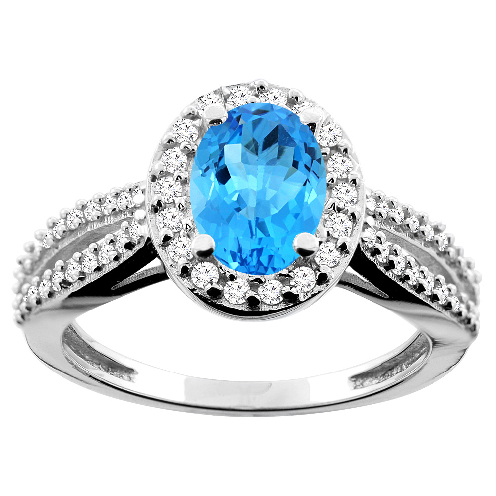 14K White/Yellow/Rose Gold Natural Swiss Blue Topaz Ring Oval 8x6mm Diamond Accent, sizes 5 - 10