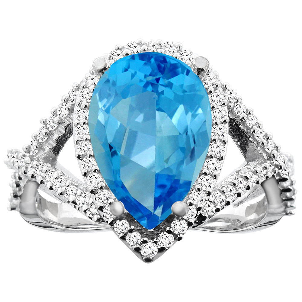 10K White/Yellow/Rose Gold Genuine Blue Topaz Ring Halo Pear 12X8mm Diamond Accent sizes 5 - 10