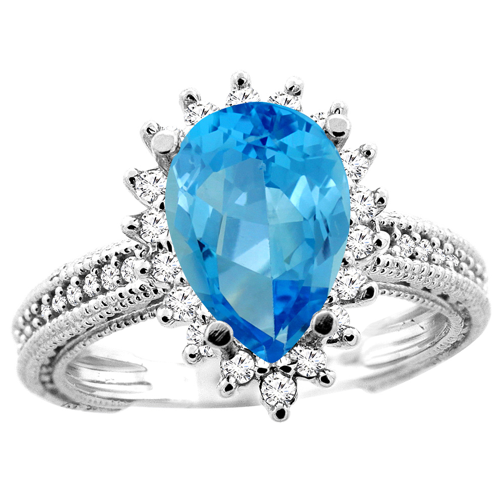 14K White/Yellow/Rose Gold Natural Swiss Blue Topaz Ring Pear 12x8mm Diamond Accent, sizes 5 - 10