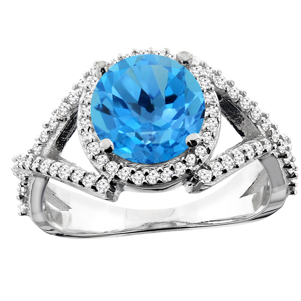 14K White/Yellow/Rose Gold Natural Swiss Blue Topaz Ring Round 8mm Diamond Accent, sizes 5 - 10