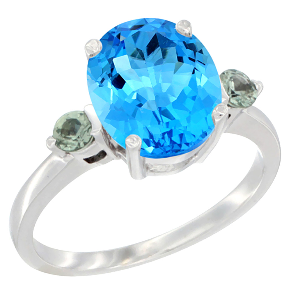 14K White Gold 10x8mm Oval Natural Swiss Blue Topaz Ring for Women Green Sapphire Side-stones sizes 5 - 10