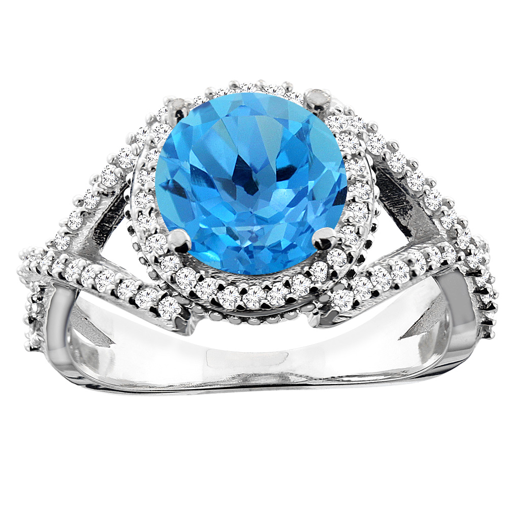 14K White/Yellow/Rose Gold Natural Swiss Blue Topaz Ring Round 8mm Diamond Accent, sizes 5 - 10