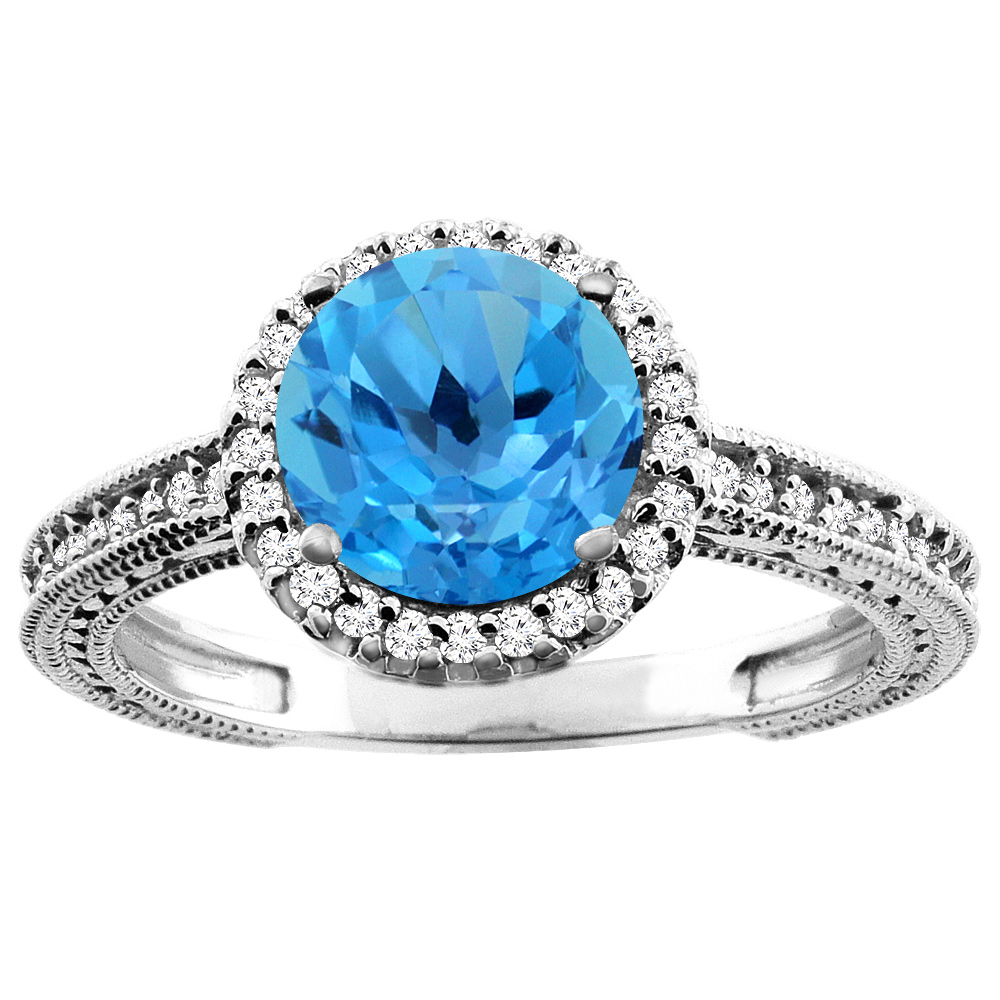 14K White/Yellow/Rose Gold Natural Swiss Blue Topaz Ring Round 7mm Diamond Accent, sizes 5 - 10