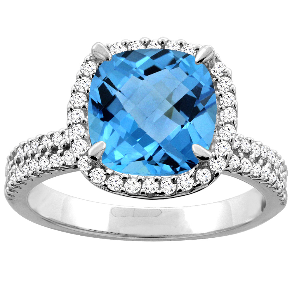 14K Yellow Gold Natural Swiss Blue Topaz Halo Ring Cushion 9x9mm Diamond Accent, sizes 5 - 10