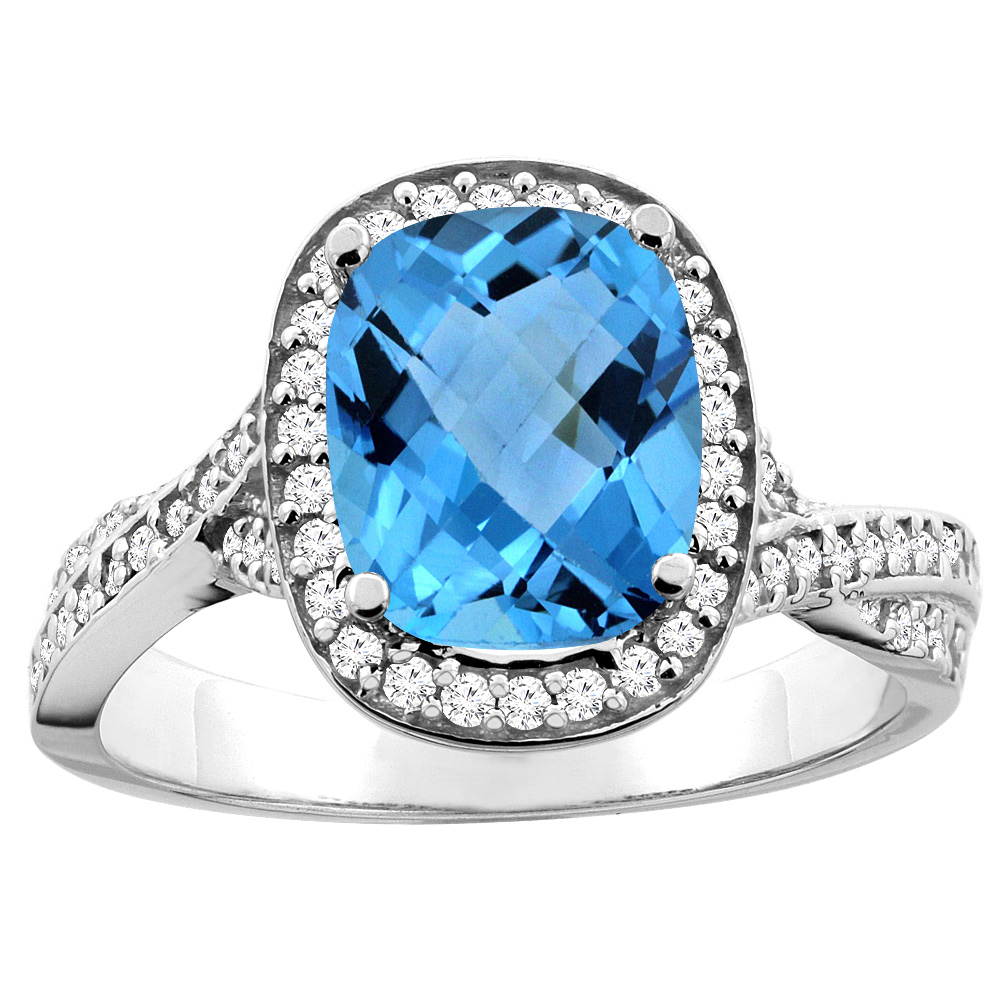 14K Yellow Gold Natural Swiss Blue Topaz Halo Ring Cushion 9x7mm Diamond Accent 1/2 inch wide, sizes 5 - 10