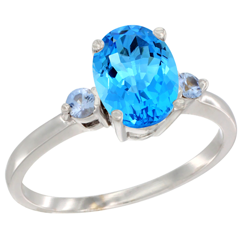 14K White Gold Natural Swiss Blue Topaz Ring Oval 9x7 mm Light Blue Sapphire Accent, sizes 5 to 10