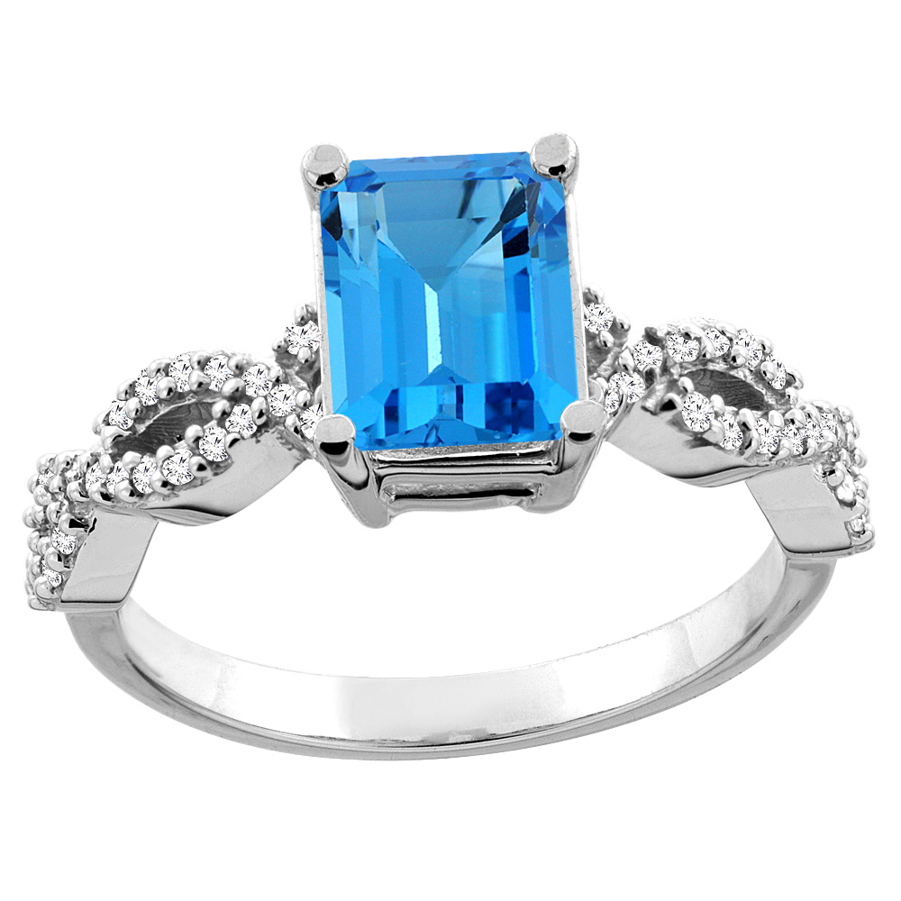 10K Gold Genuine Blue Topaz Eternity Ring Octagon 9x7mm Diamond Accent sizes 5 - 10