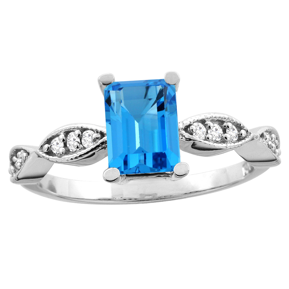 14K White/Yellow Gold Natural Swiss Blue Topaz Ring Octagon 8x6mm Diamond Accent, sizes 5 - 10