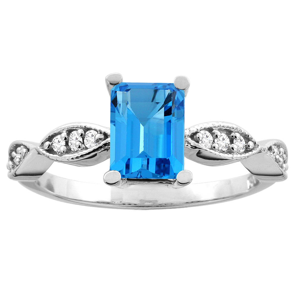 14K White/Yellow Gold Natural Swiss Blue Topaz Ring Octagon 7x5mm Diamond Accents, sizes 5 -10