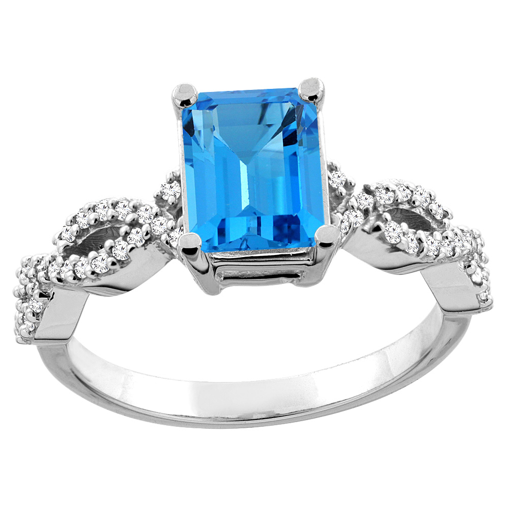 10K Gold Genuine Blue Topaz Ring Octagon 8x6mm Diamond Accent sizes 5 - 10
