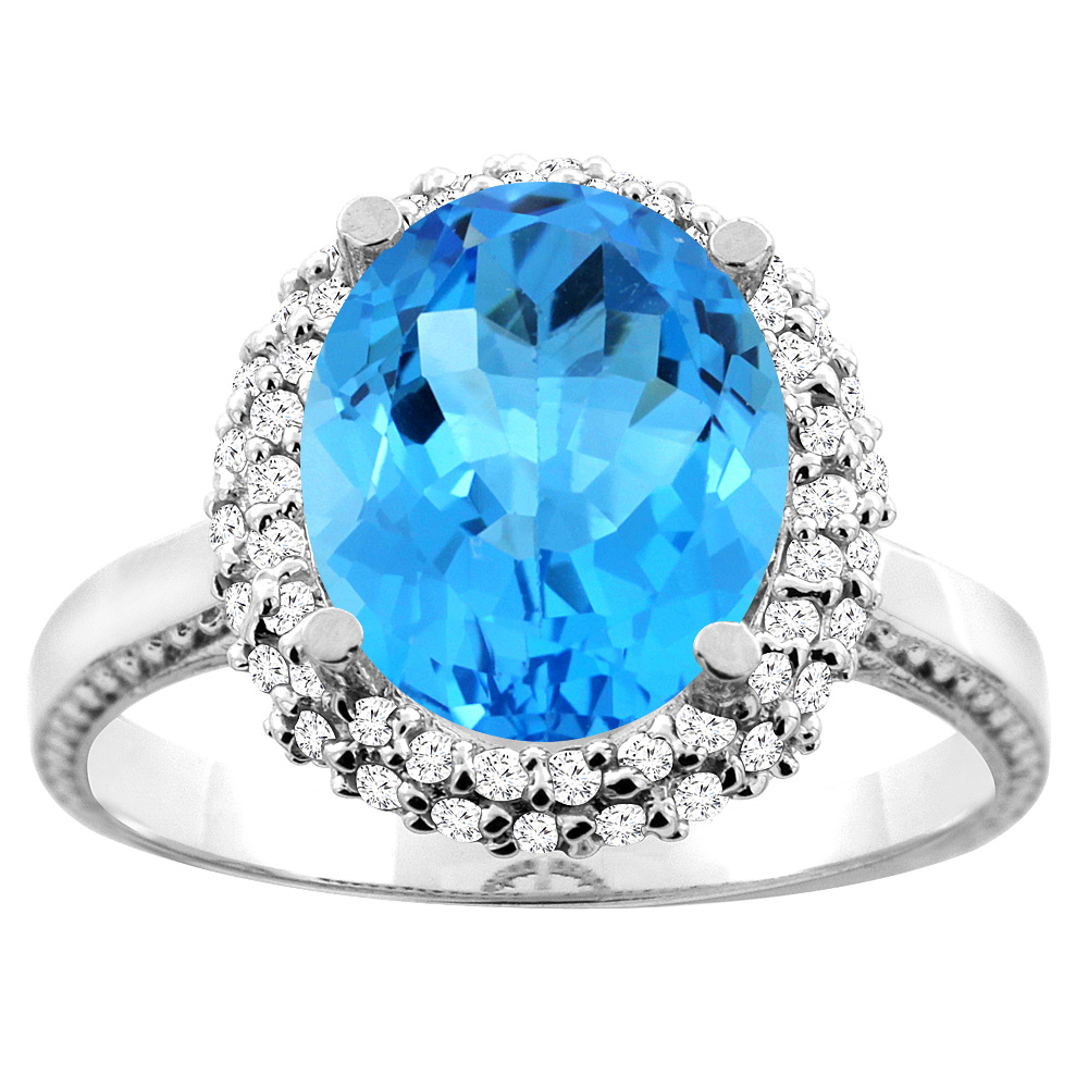 14K White/Yellow Gold Natural Swiss Blue Topaz Double Halo Ring Oval 10x8mm Diamond Accent, sizes 5 - 10