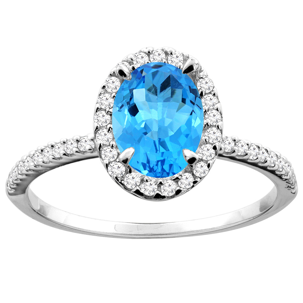 14K White/Yellow Gold Natural Swiss Blue Topaz Ring Oval 8x6mm Diamond Accent, sizes 5 - 10