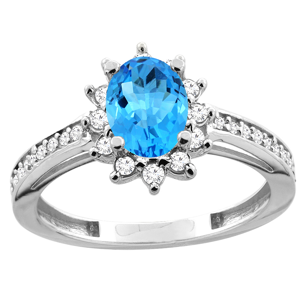 10K White/Yellow Gold Diamond Genuine Blue Topaz Floral Halo Engagement Ring Oval 7x5mm sizes 5 - 10