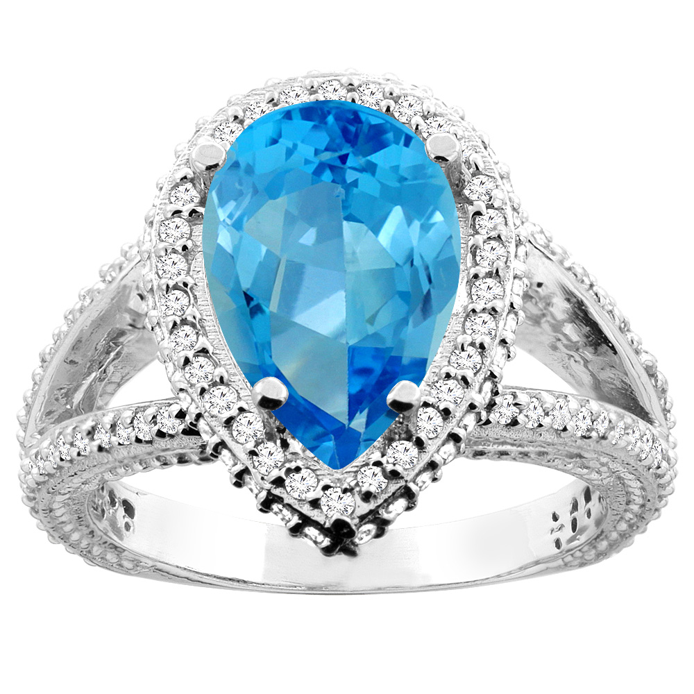 14K White/Yellow Gold Natural Swiss Blue Topaz Halo Ring Pear 12x8mm Diamond Accents, sizes 5 - 10