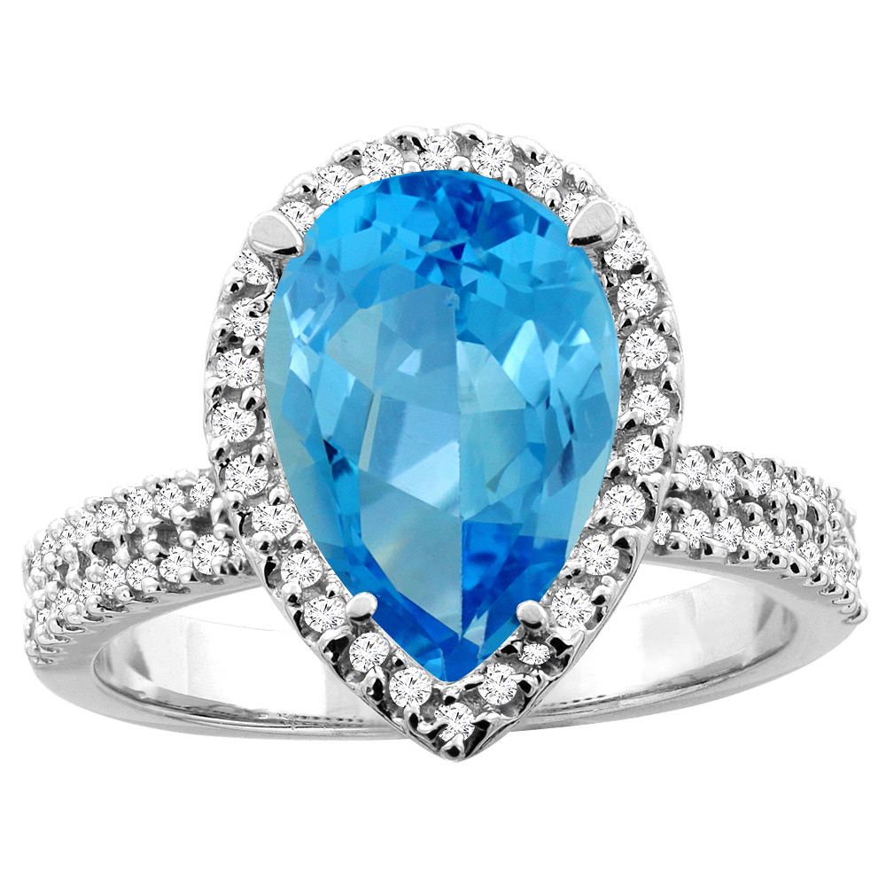 14K White/Yellow Gold Natural Swiss Blue Topaz Ring Pear 12x8mm Diamond Accents, sizes 5 - 10