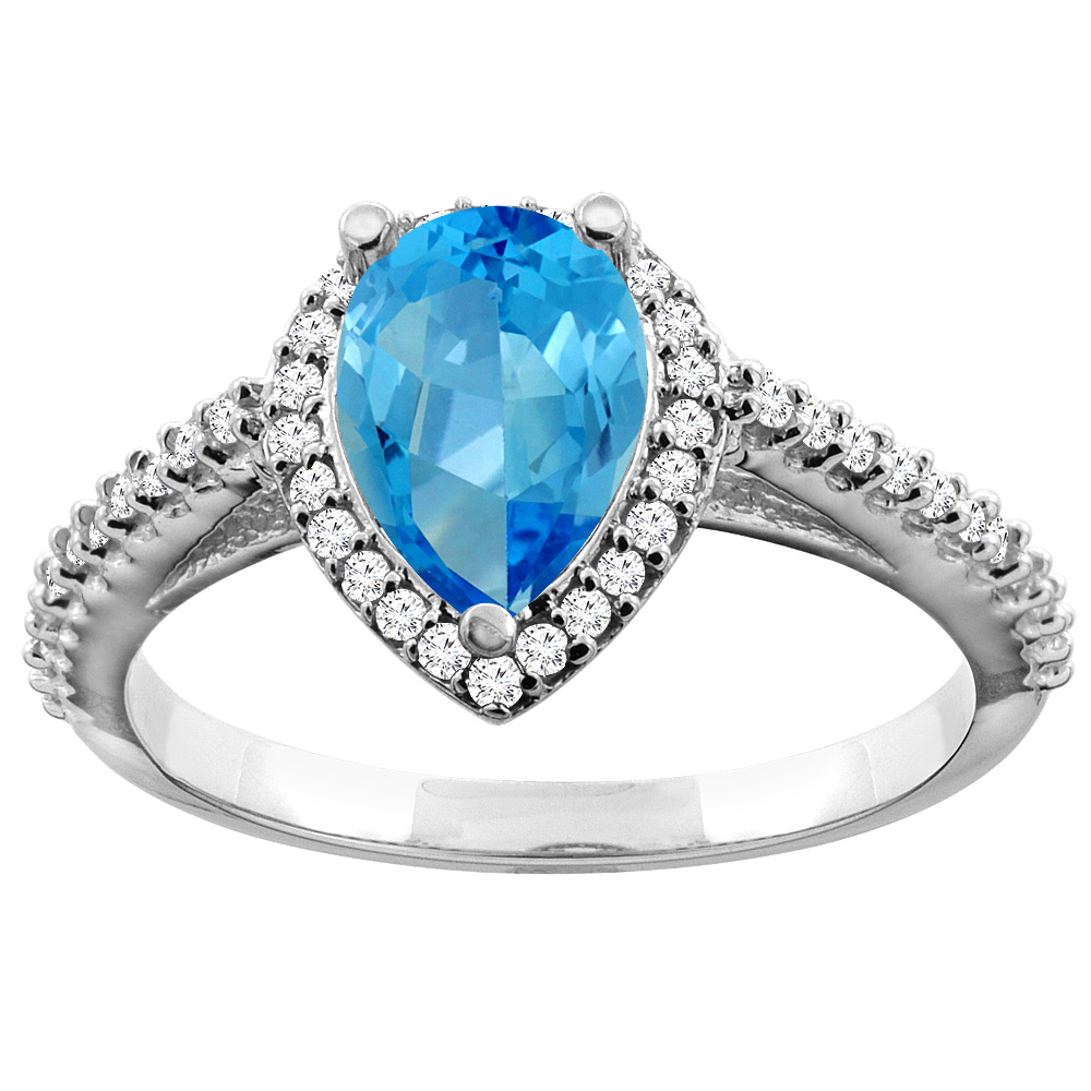 14K White Gold Natural Swiss Blue Topaz Ring Pear 9x7mm Diamond Accents, sizes 5 - 10