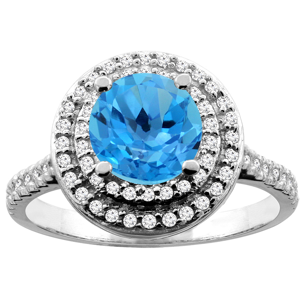 14K White/Yellow Gold Natural Swiss Blue Topaz Double Halo Ring Round 7mm Diamond Accent, sizes 5 - 10
