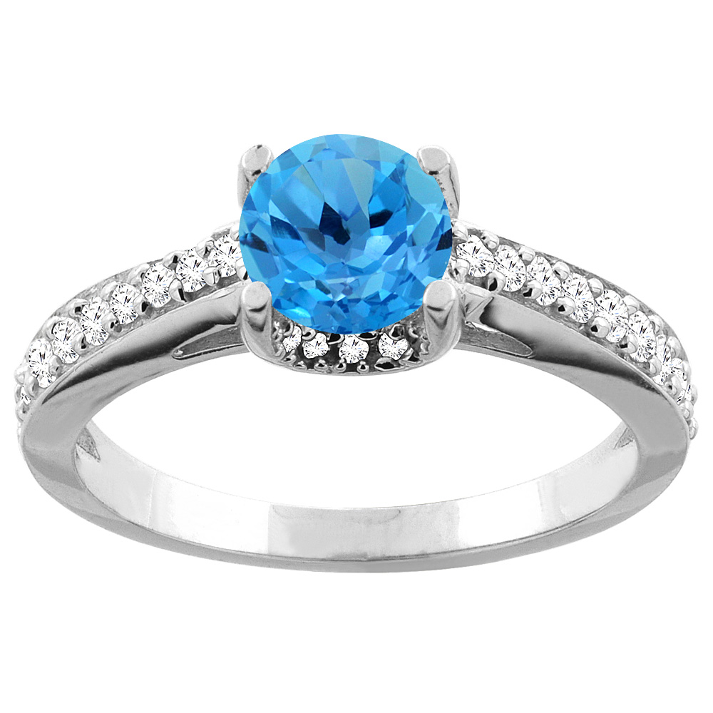 14K White/Yellow Gold Natural Swiss Blue Topaz Ring Round 6mm Diamond Accents 1/4 inch wide, sizes 5 - 10