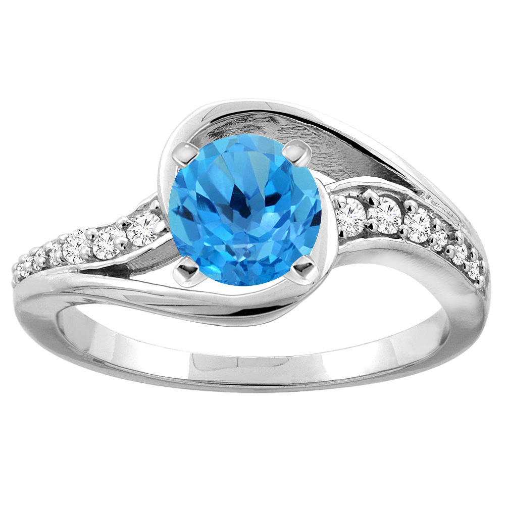 14K White/Yellow Gold Natural Swiss Blue Topaz Bypass Ring Round 6mm Diamond Accent, sizes 5 - 10