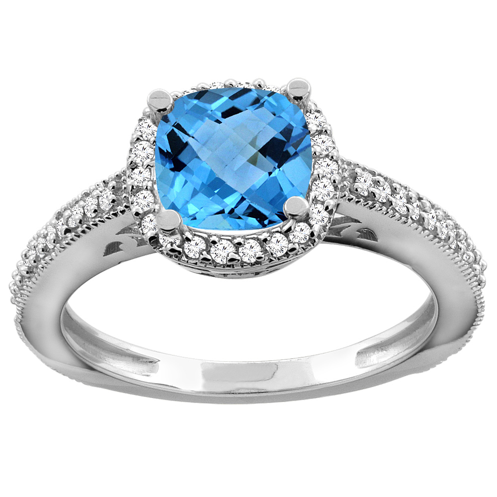 14K Gold Natural Swiss Blue Topaz Engagement Ring Diamond Halo Cushion 7mm, sizes 5 - 10
