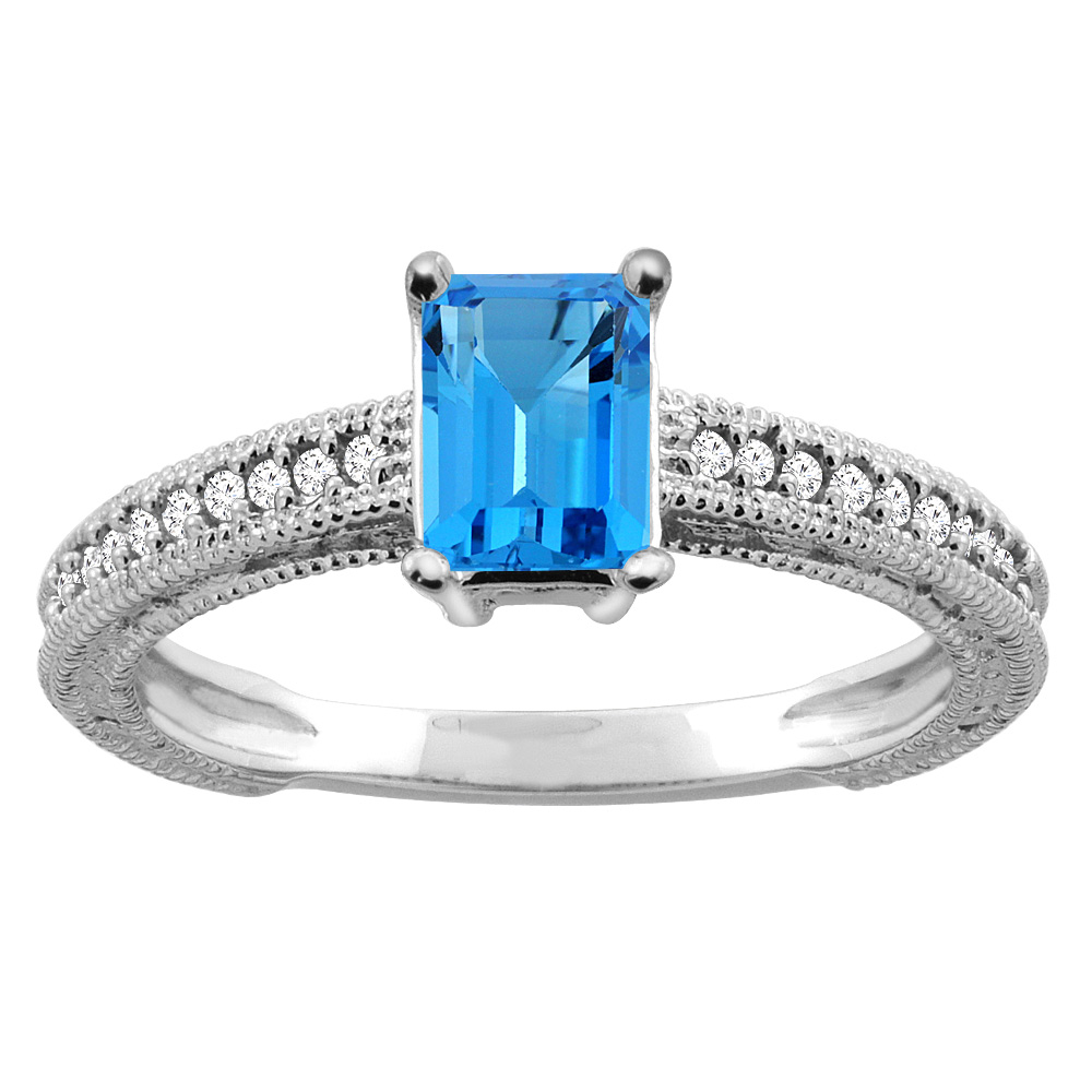 14K Gold Natural Swiss Blue Topaz Engagement Ring Octagon 8x6mm Diamond Accents, sizes 5 - 10