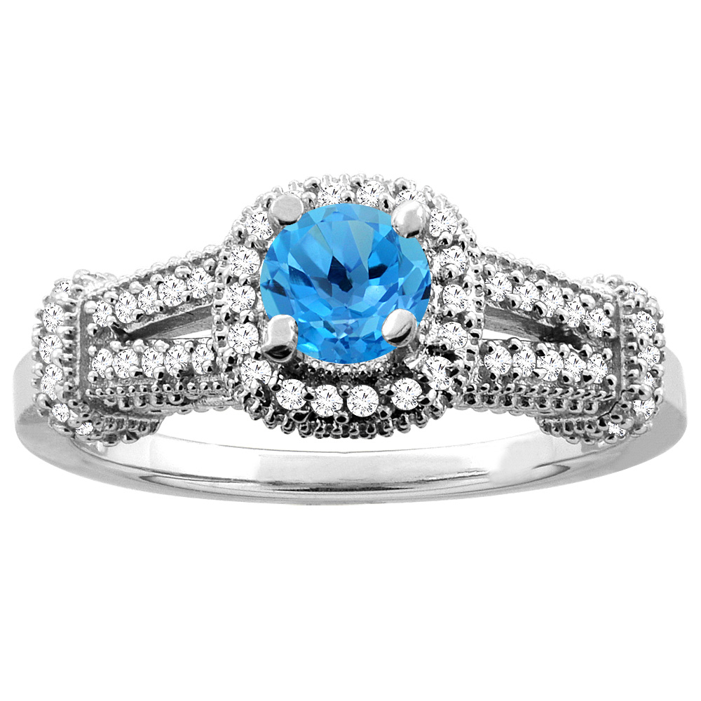14K White Gold Natural Swiss Blue Topaz Engagement Halo Ring Round 5mm Diamond Accents, sizes 5 - 10