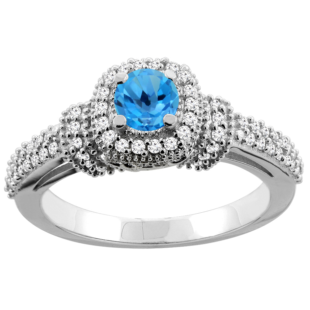 14K Gold Natural Swiss Blue Topaz Engagement Halo Ring Round 5mm Diamond Accents, sizes 5 - 10