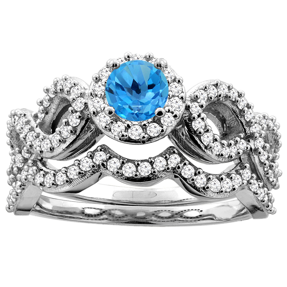 14K White Gold Natural Swiss Blue Topaz Engagement Halo Ring Round 5mm Diamond 2-piece Accents, sizes 5 - 10