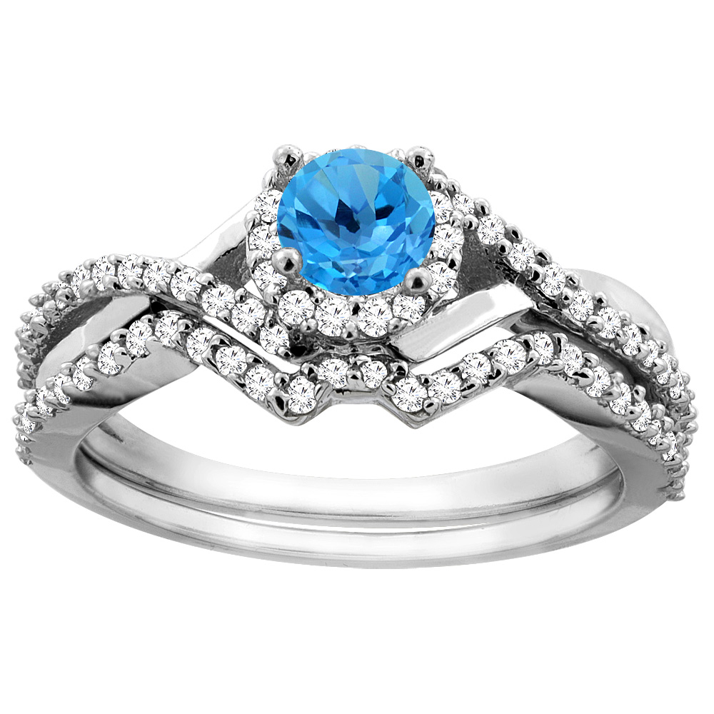 14K Gold Natural Swiss Blue Topaz 2-piece Bridal Ring Set Round 5mm, sizes 5 - 10