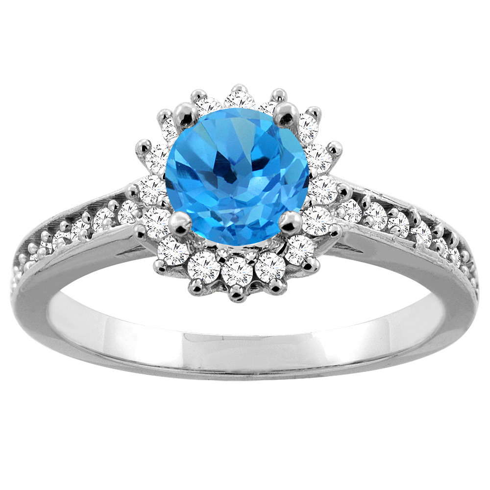 14K Gold Natural Swiss Blue Topaz Floral Halo Diamond Engagement Ring Round 6mm, sizes 5 - 10
