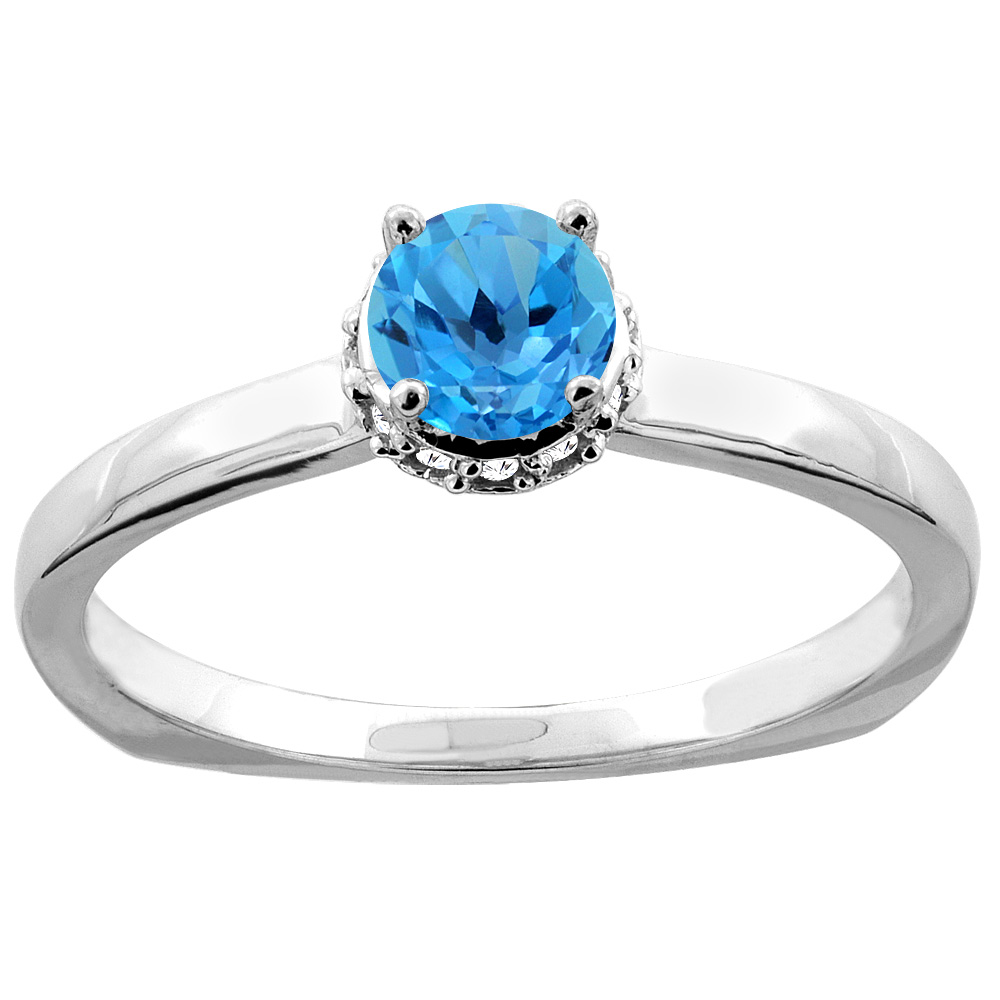 14K Gold Natural Swiss Blue Topaz Solitaire Engagement Ring Round 4mm Diamond Accents, sizes 5 - 10