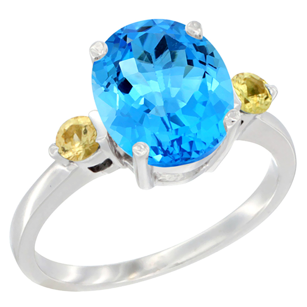 14K White Gold 10x8mm Oval Natural Swiss Blue Topaz Ring for Women Yellow Sapphire Side-stones sizes 5 - 10