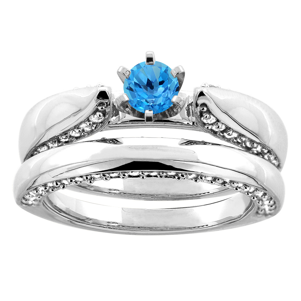14K White Gold Natural Swiss Blue Topaz 2-piece Bridal Ring Set Diamond Accents Round 5mm, sizes 5 - 10