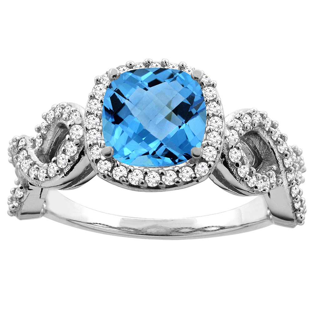 14K White Gold Natural 7mm Cushion Cut Swiss Blue Topaz Engagement Ring for Women Eternity Pattern Diamond Accent sizes 5-10
