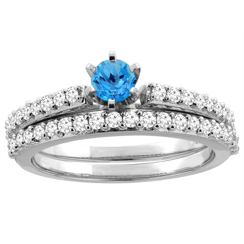 14K White Gold Natural Swiss Blue Topaz 2-piece Bridal Ring Set Round 4mm, sizes 5 - 10