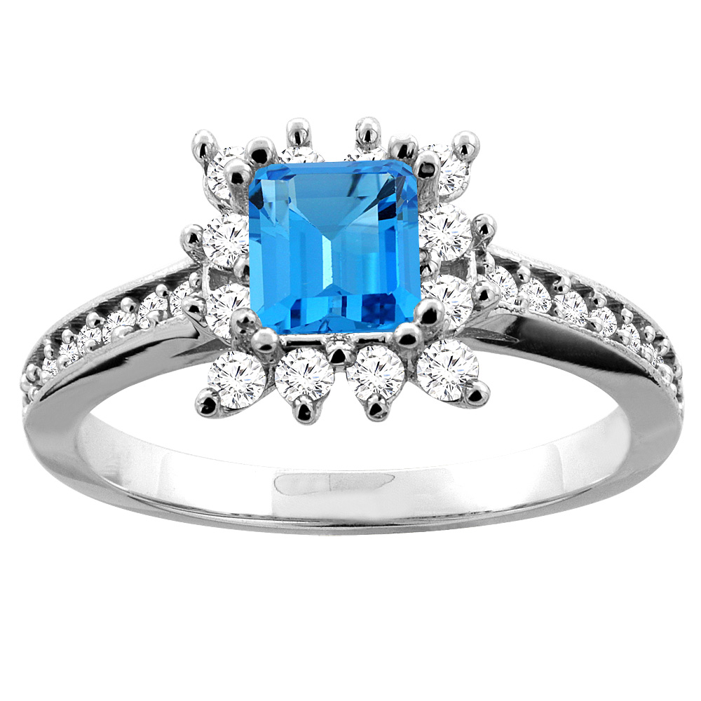 10K White Gold Genuine Blue Topaz Engagement Ring Halo Diamond Accent Square 5mm sizes 5 - 10