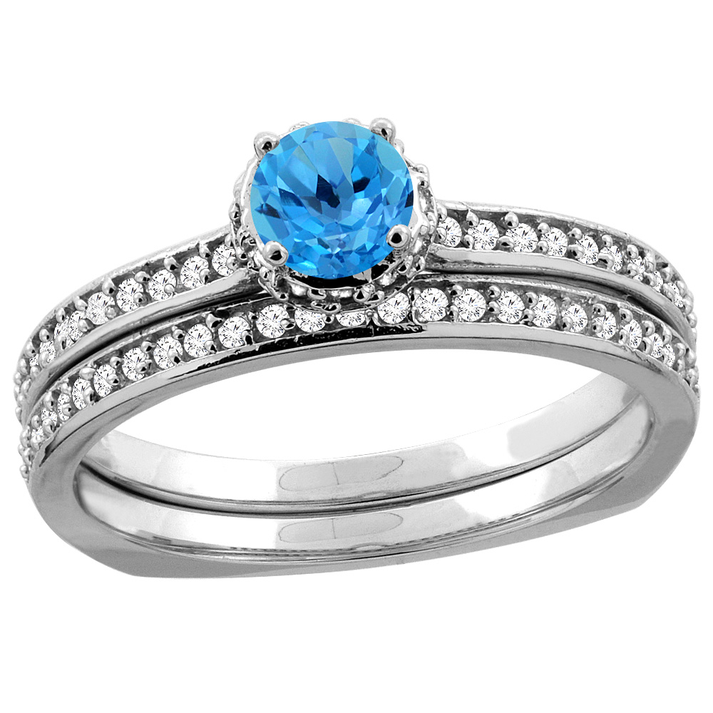 14K Yellow Gold Diamond Natural Swiss Blue Topaz 2-pc Bridal Ring Set Round 4mm, sizes 5 - 10