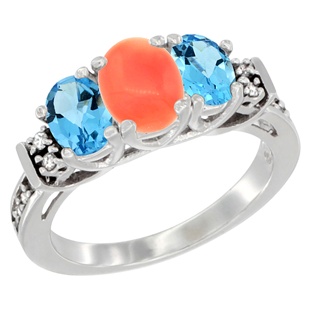 14K White Gold Natural Coral & Swiss Blue Topaz Ring 3-Stone Oval Diamond Accent, sizes 5-10