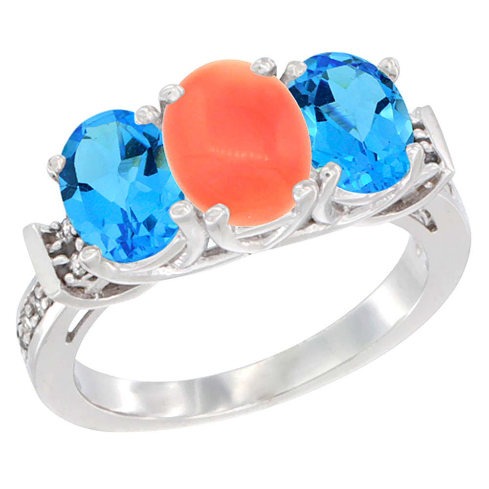 10K White Gold Natural Coral & Swiss Blue Topaz Sides Ring 3-Stone Oval Diamond Accent, sizes 5 - 10