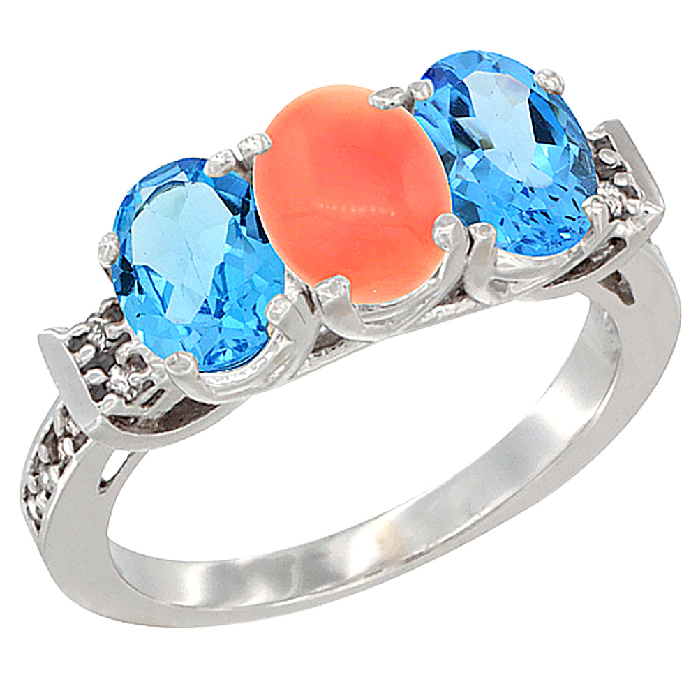 14K White Gold Natural Coral &amp; Swiss Blue Topaz Sides Ring 3-Stone 7x5 mm Oval Diamond Accent, sizes 5 - 10